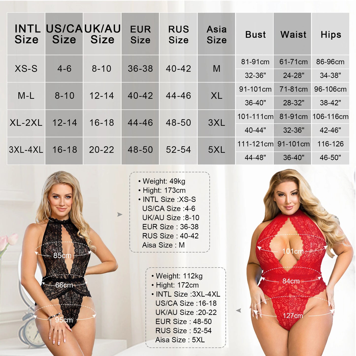 Lingerie | Plus Size Lingeries - Lace and Mesh Fabric Teddy Lingerie - XS-4XL