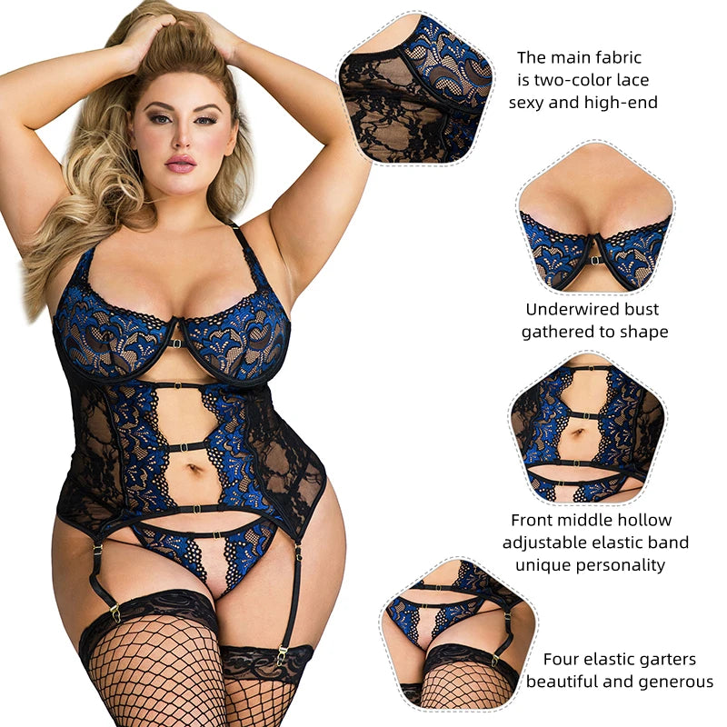 lingerie set | Plus Size Lingerie and G String Set - Unlined Demi Cups, Lace Panels - XS-4XL